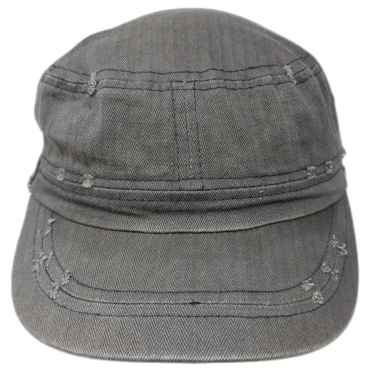 Elastafit Army Cap Gray One Size Frayed Herringbone Side Buttons Cotton Hat