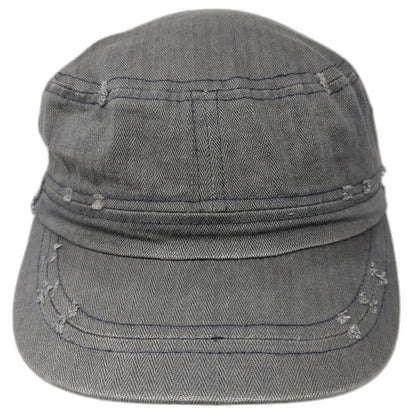 Elastafit Army Cap Gray One Size Frayed Herringbone Side Buttons Cotton Hat
