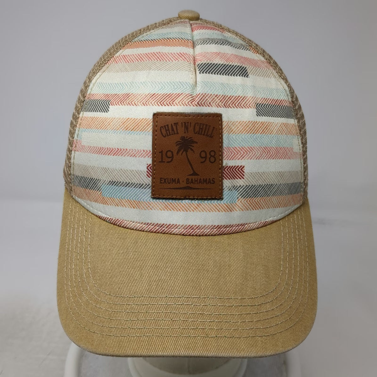 Legacy Trucker Hat Beige Chat 'N' Chill Exuma Bahamas Palm Tree OSFM Snapback