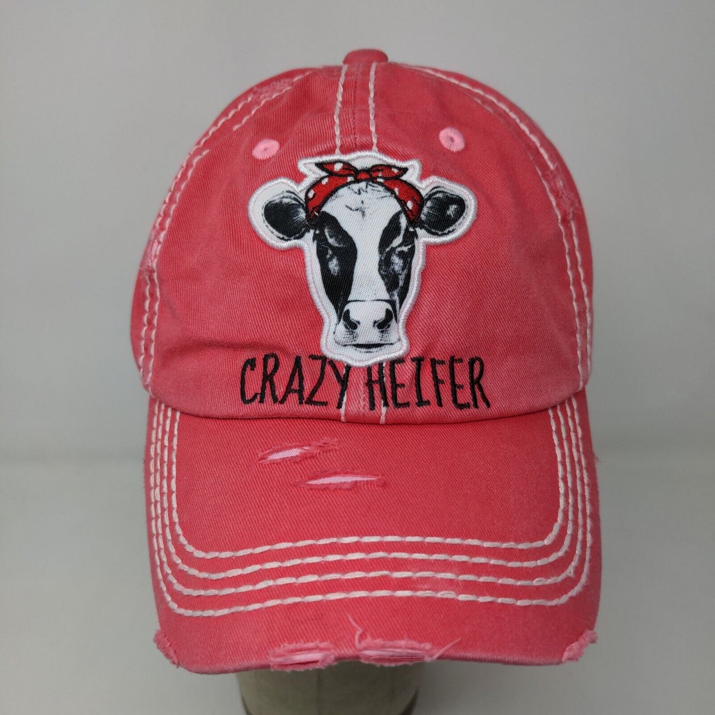 KB Ethos Women's Strapback Hat Pink Embroidered Crazy Heifer Cow Logo Distressed