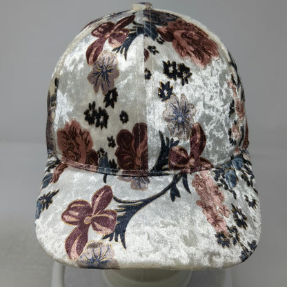 Baseball Cap White OSFM Crushed Velvet Floral Pattern Metallic Gold Roses Hat