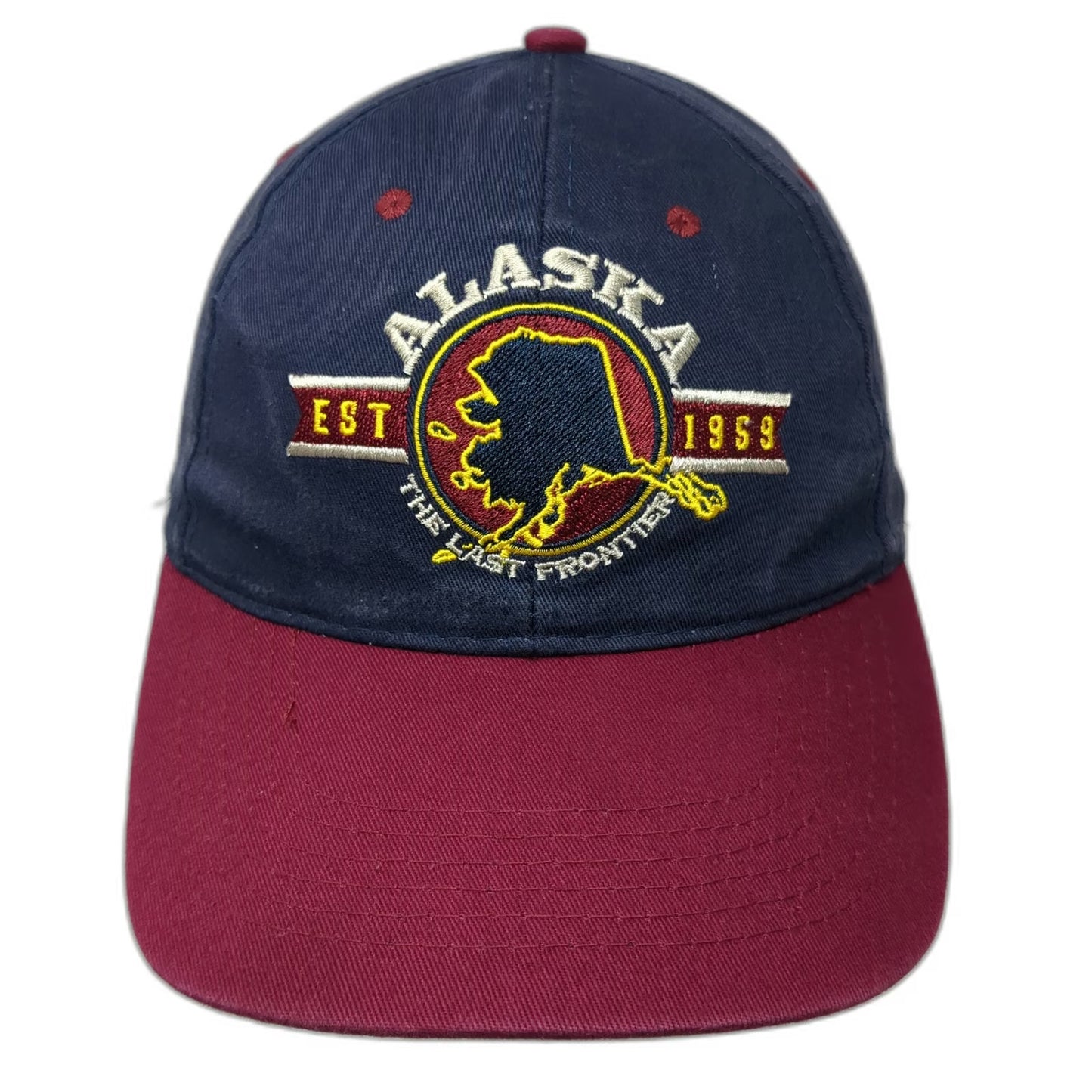 907 Alaska Brand Baseball Cap Blue Red OSFM Last Frontier Map Embroidered Hat
