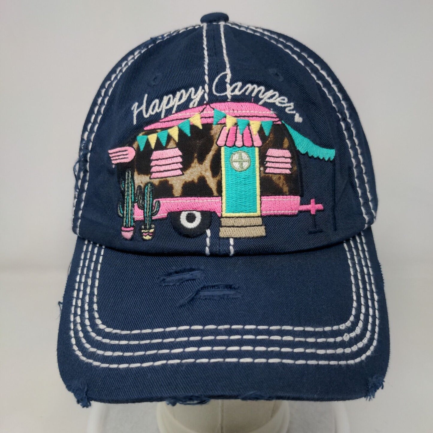 Happy Camper Strapback Hat Blue One Size KB ETHOS Vintage Distressed