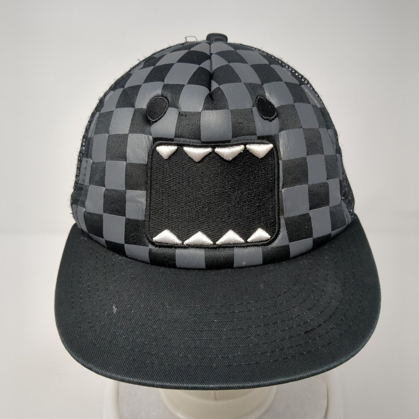 Domo Domo-Kun Snapback Mesh Back Hat Black Gray Checkered Mouth Foam