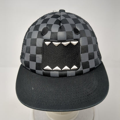 Domo Domo-Kun Snapback Mesh Back Hat Black Gray Checkered Mouth Foam