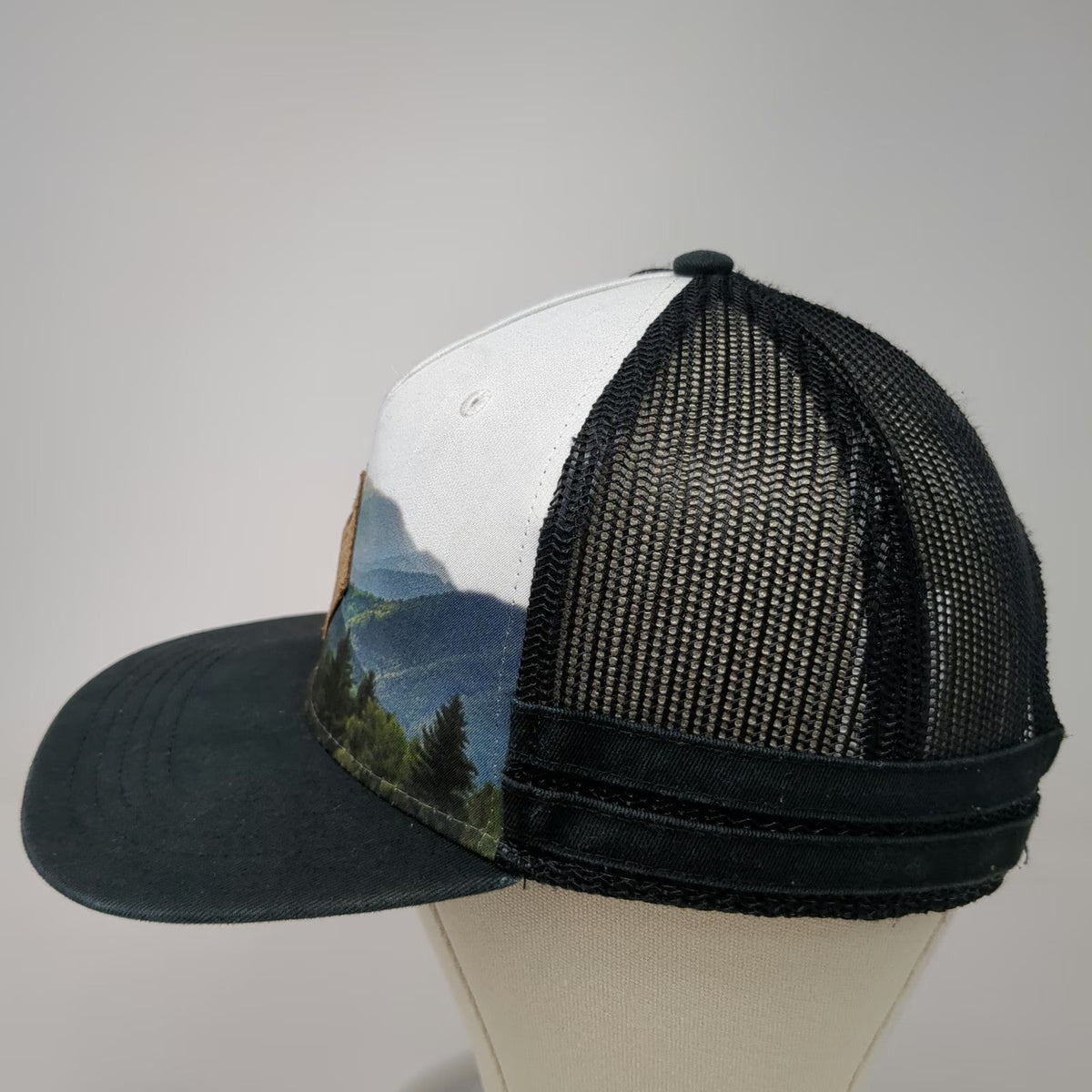 First Class Black White Trucker Hat One Size Mountain Graphic Snapback Mesh Back