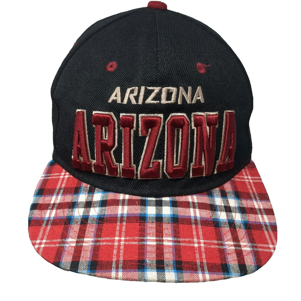 Headline Snapback Black Red Arizona Hat One Size Plaid Brim 3D Puff Embroidery