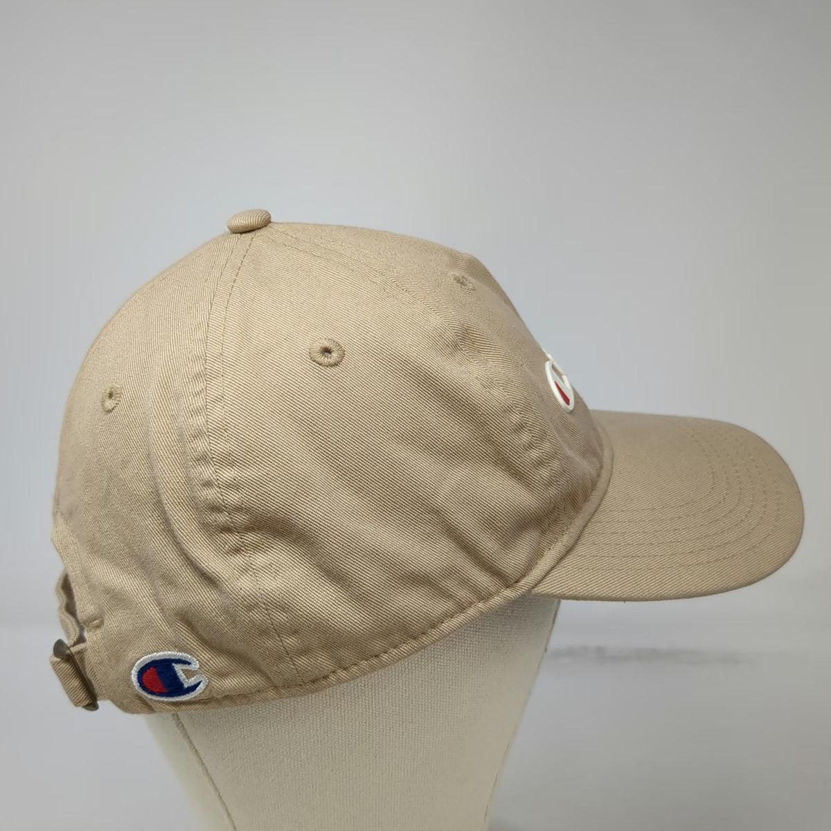 Champion 5 Panel Beige One Size Hat Cotton Slideback Script Logo Embroidered