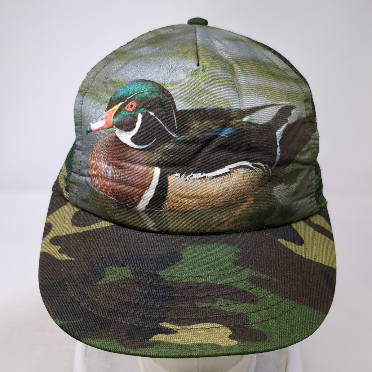I/D/E/A inc. Trucker Hat Green Brown One Size Wood Duck Hunting Camo Graphic USA