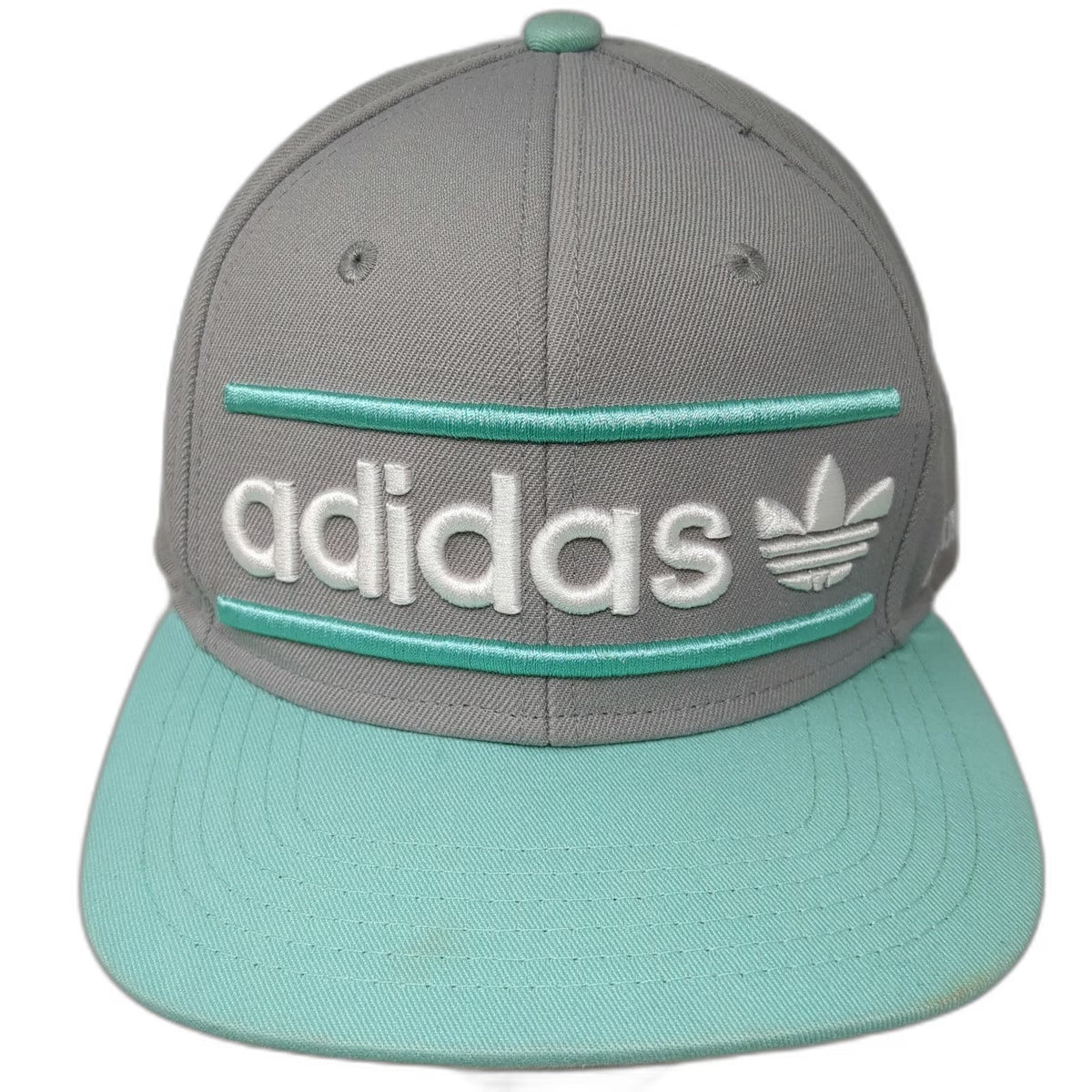 Adidas Snapback Hat Gray Green White OSFM Trefoil Originals Flat Brim Logo Cap