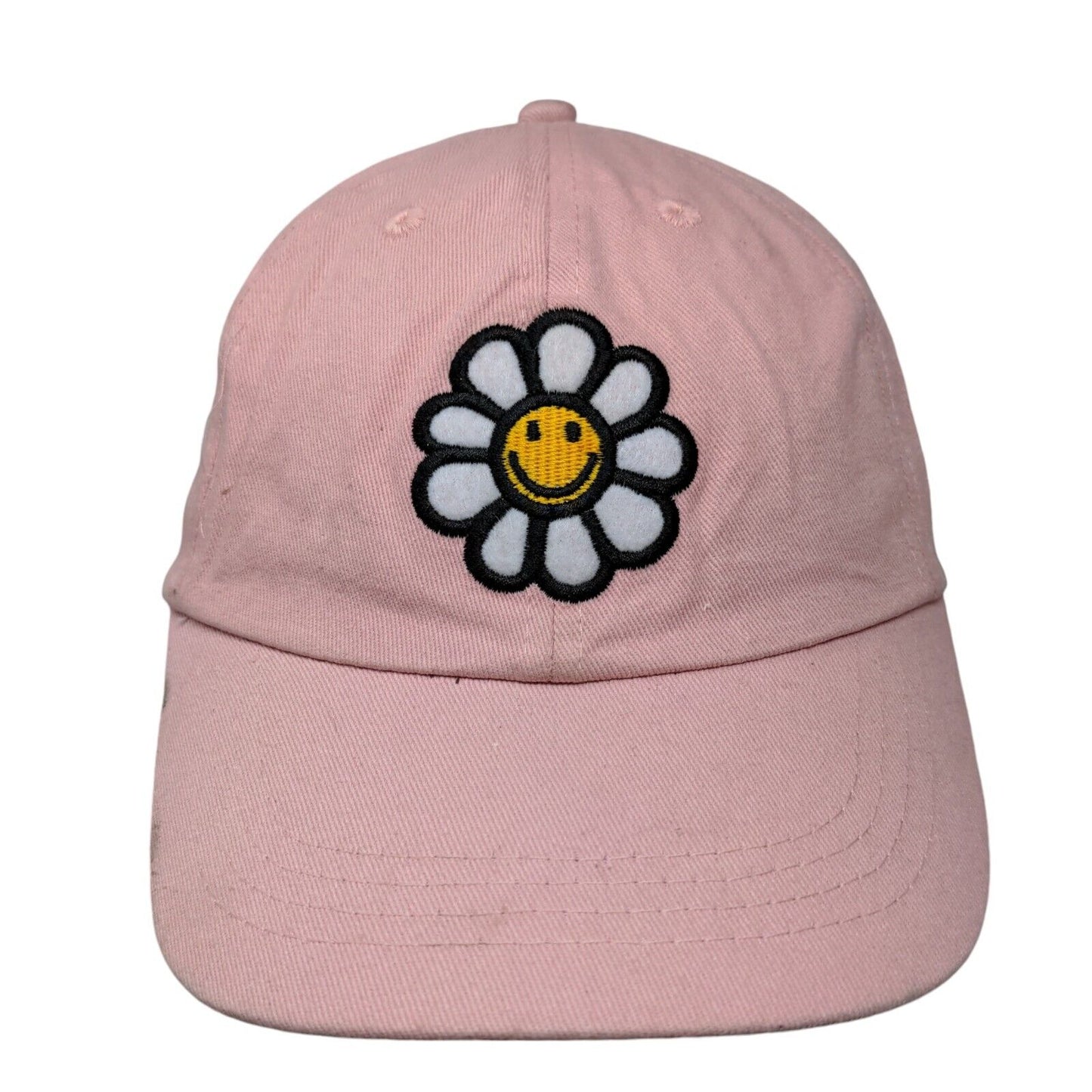 Happy Face Flower Strapback Hat Pink One Size Adjustable Embroidered 6 Panel