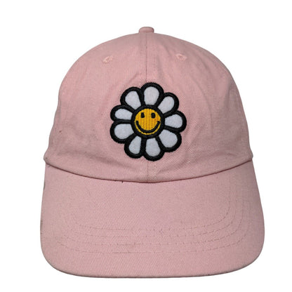 Happy Face Flower Strapback Hat Pink One Size Adjustable Embroidered 6 Panel