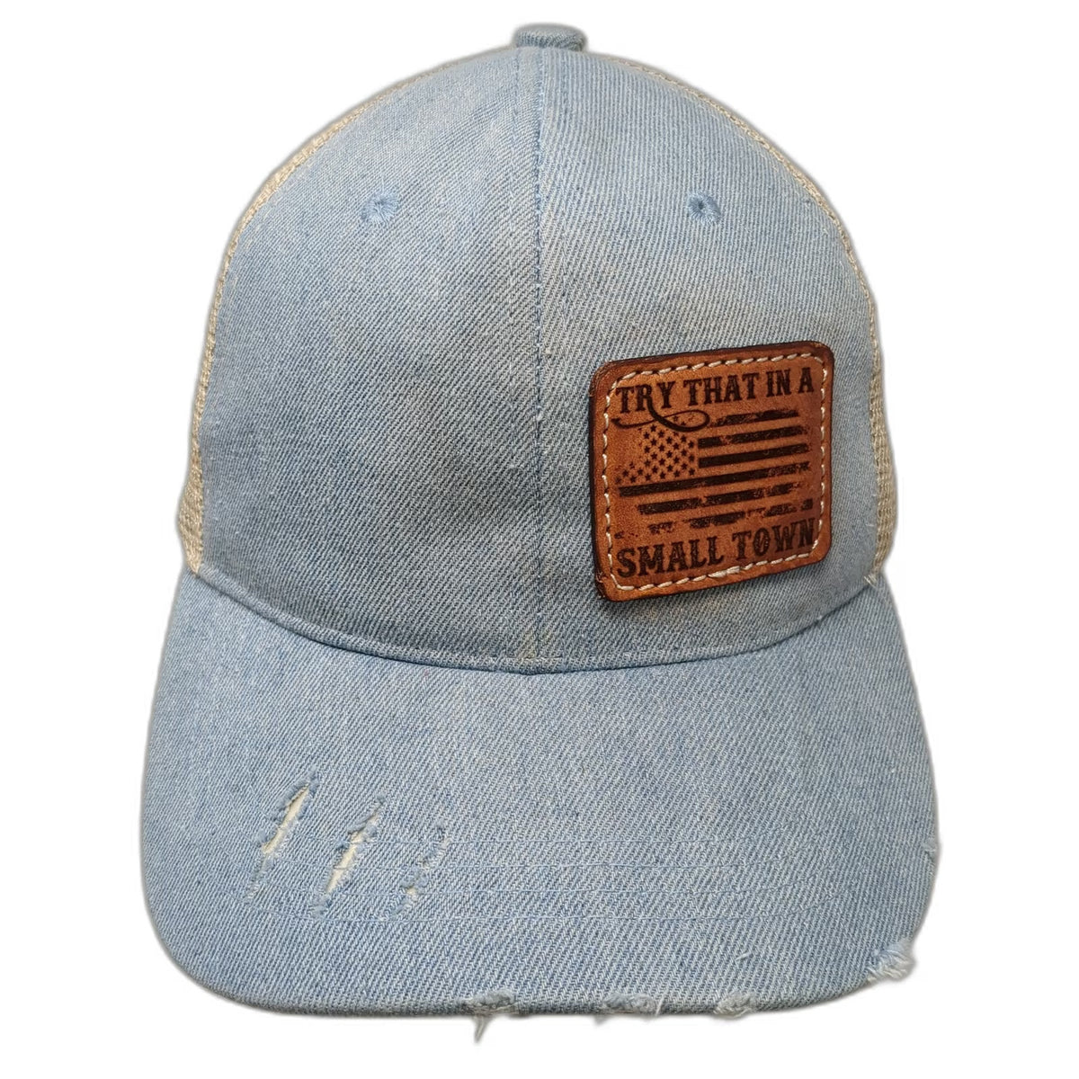 Trucker Hat Blue One Size Snapback Mesh Try That In A Small Town Leather Patch