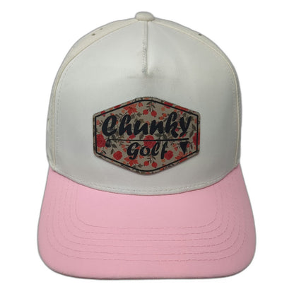 Waggle Chunky Golf 5 Panel White Pink Hat OSFM Laser Cut Floral Patch Snapback