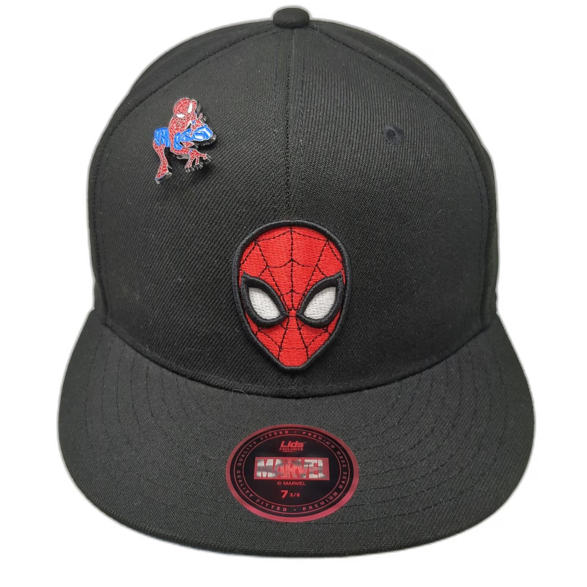 Marvel Spider-Man Black 7 3/8 Snapback Hat Side Patch Enamel Pin Fitted Lids