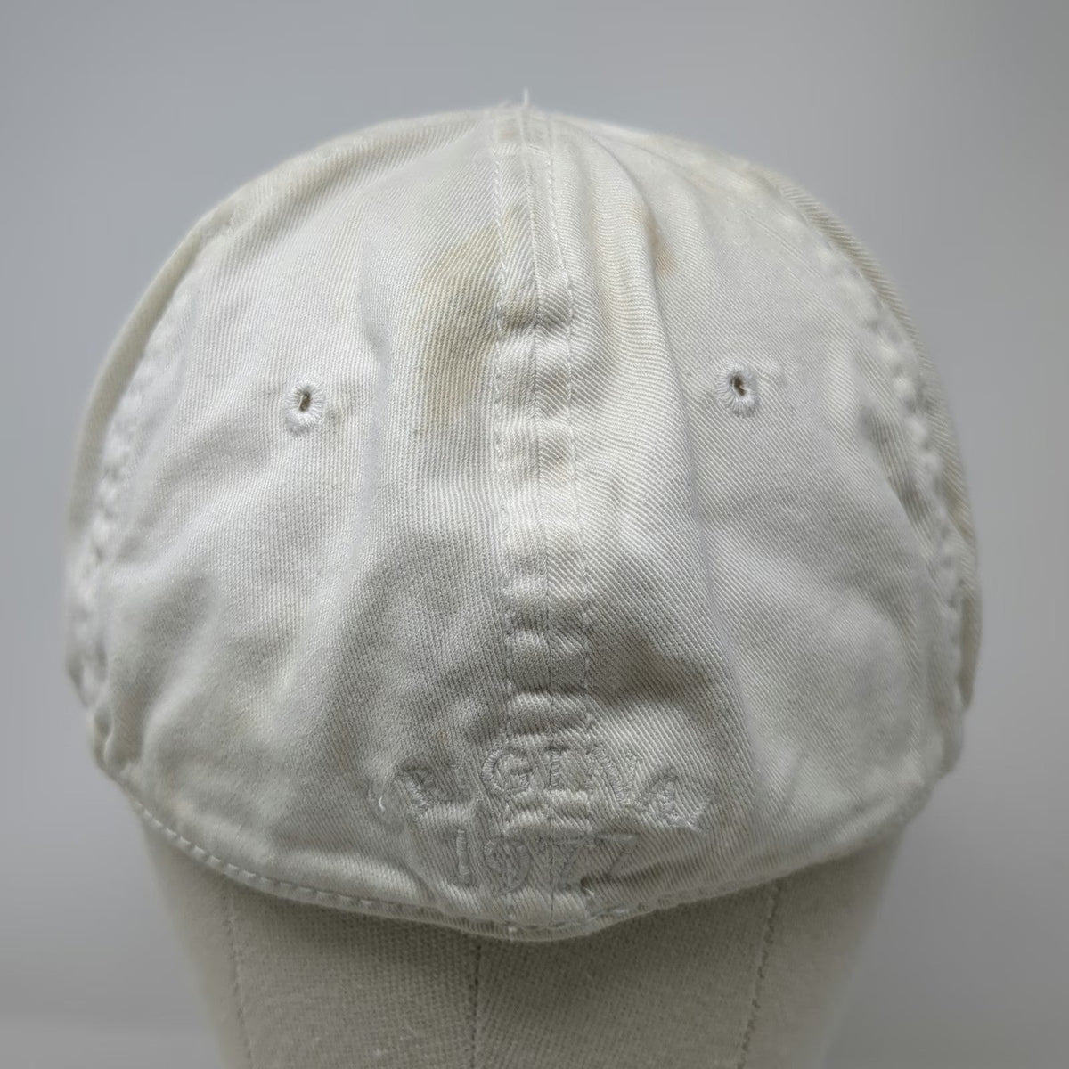 American Eagle Baseball Cap White M Logo AE-23 Distressed Stretch Fit Hat 1977