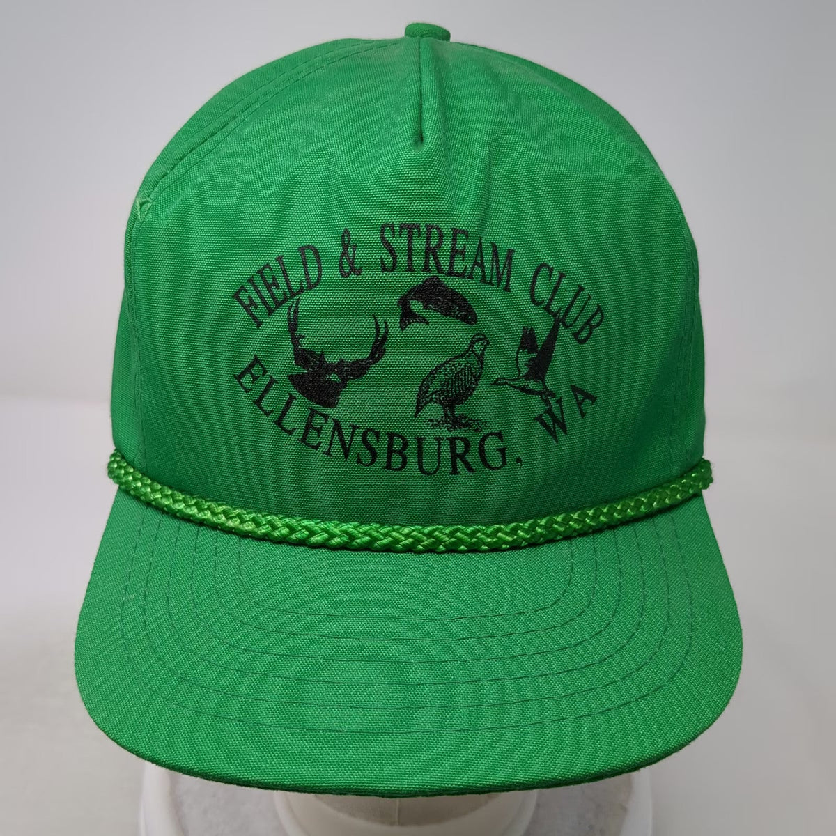 SanSun 5 Panel Green OS Hat Rope Ellensburg WA Field Stream Club Fishing Vintage
