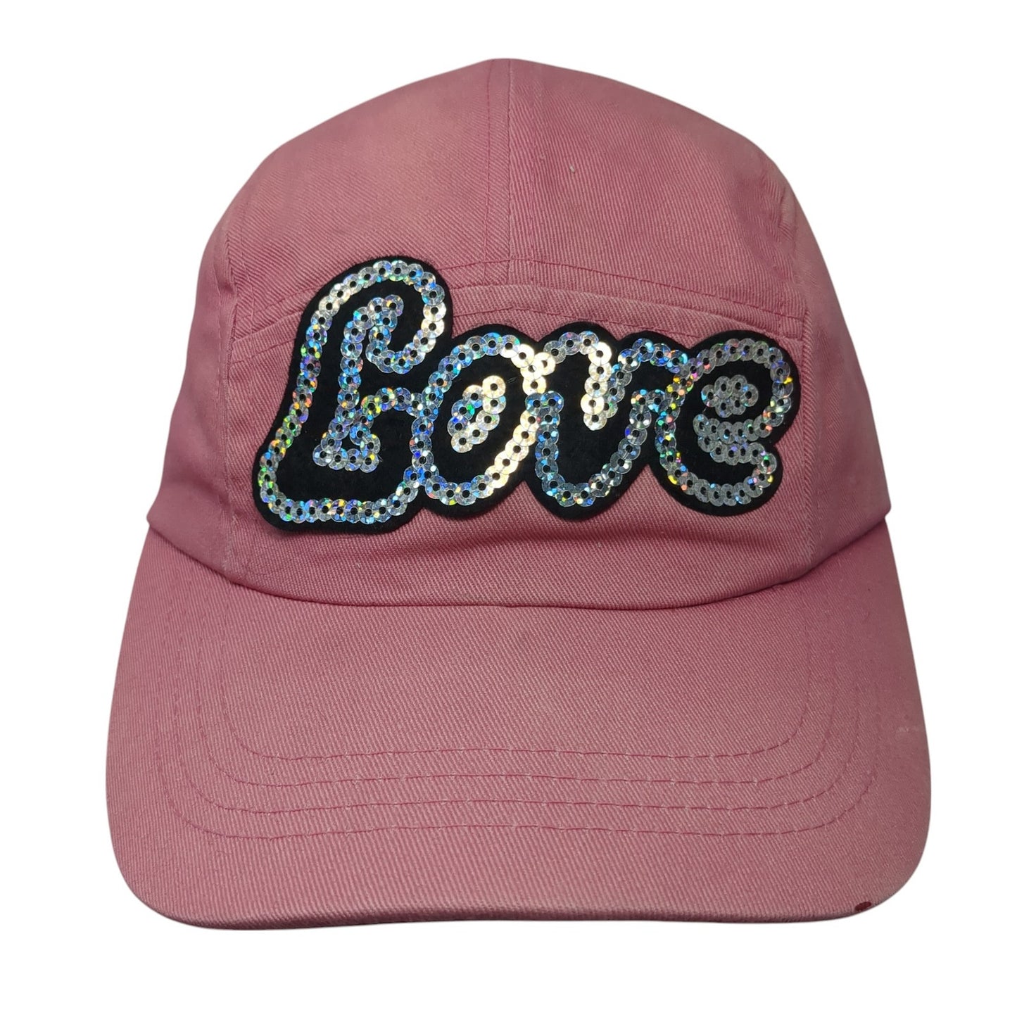 Love Sequin 5 Panel Cap Pink One Size Adjustable Strap Lightweight Faded Glory