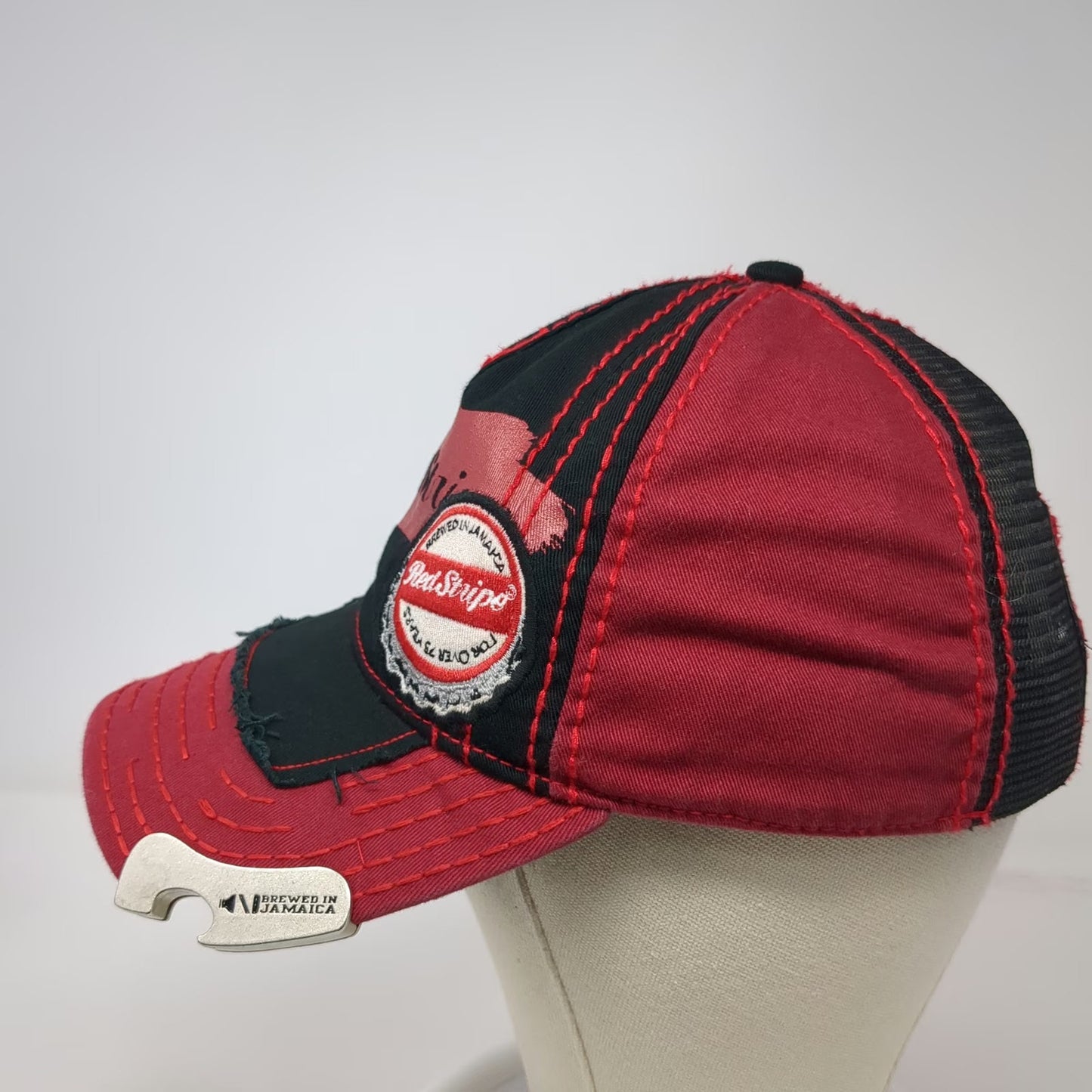 Red Stripe Baseball Cap Red Black One Size Bottle Opener Mesh Jamaica Hat