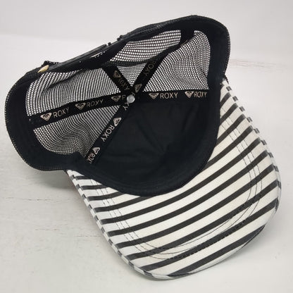 Roxy Trucker Hat Blue One Size Striped Brim Palm Tree Sunset Beach Surf Snapback