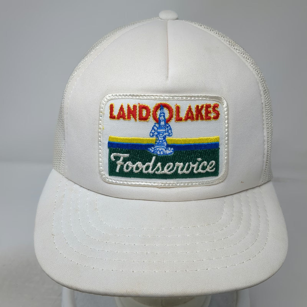 Yupoong White Trucker Hat Land O Lakes Foodservice Maiden Logo Patch Vintage