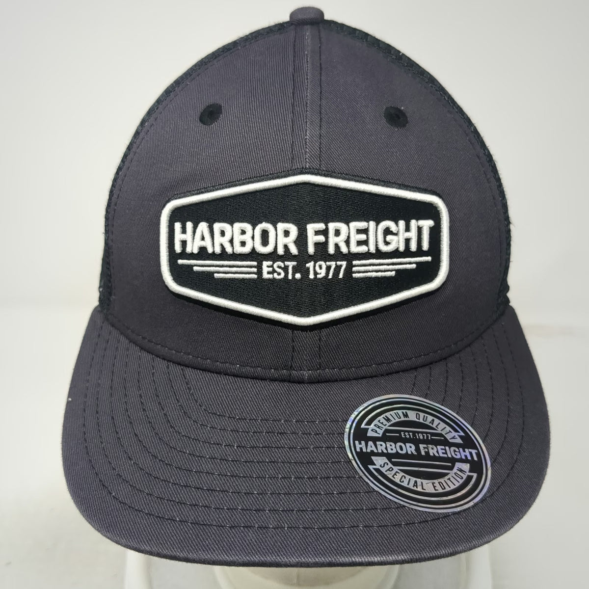 Harbor Freight Trucker Hat Gray One Size Mesh Snapback Logo Patch HFT EST 1977
