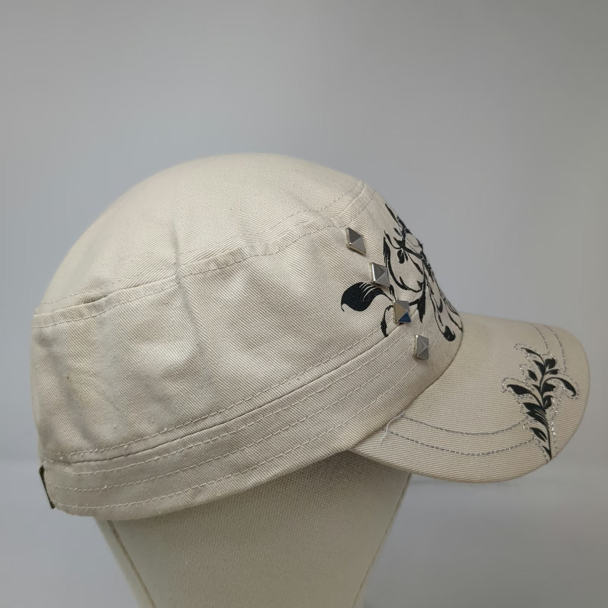 Beige Army Cap One Size Beaded Cross Floral Silver Embroidery Studs Cadet Hat