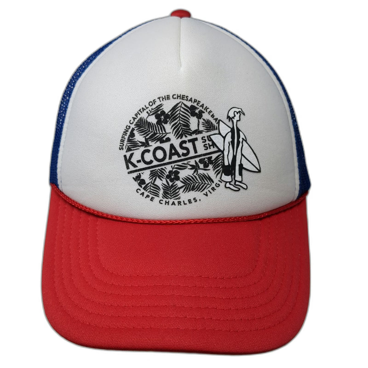 Otto Trucker Hat White Blue Red One Size K-Coast Surf Shop Cape Charles VA Rope