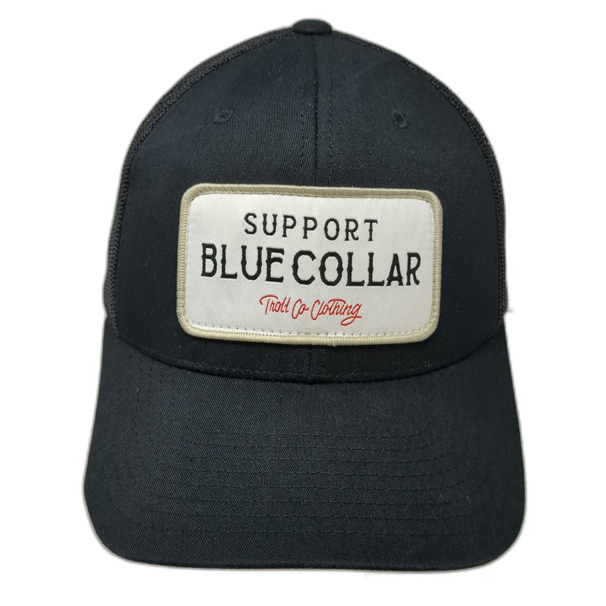 Troll Co. Trucker Hat Black OSFM Support Blue Collar Patch Snapback Mesh Back