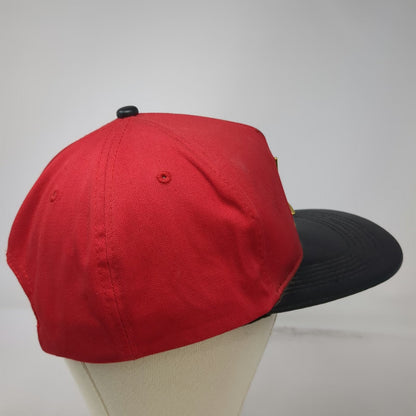 Alumni 5 Panel Red Hat One Size Watchband Strapback Metal Logo Black Flat Brim