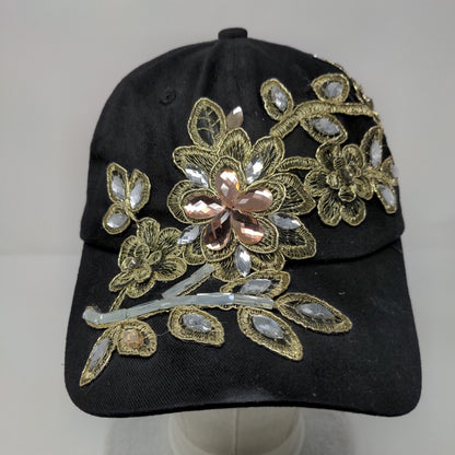 Rhinestone Jewel Flowers Slideback Hat Black OSFA Adjustable Bling