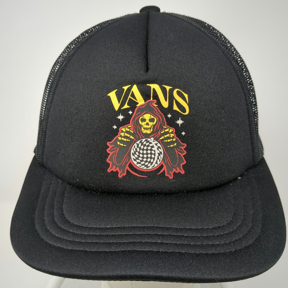 Vans Trucker Hat Black One Size Skeleton Reaper Checkerboard Mesh Back Snapback