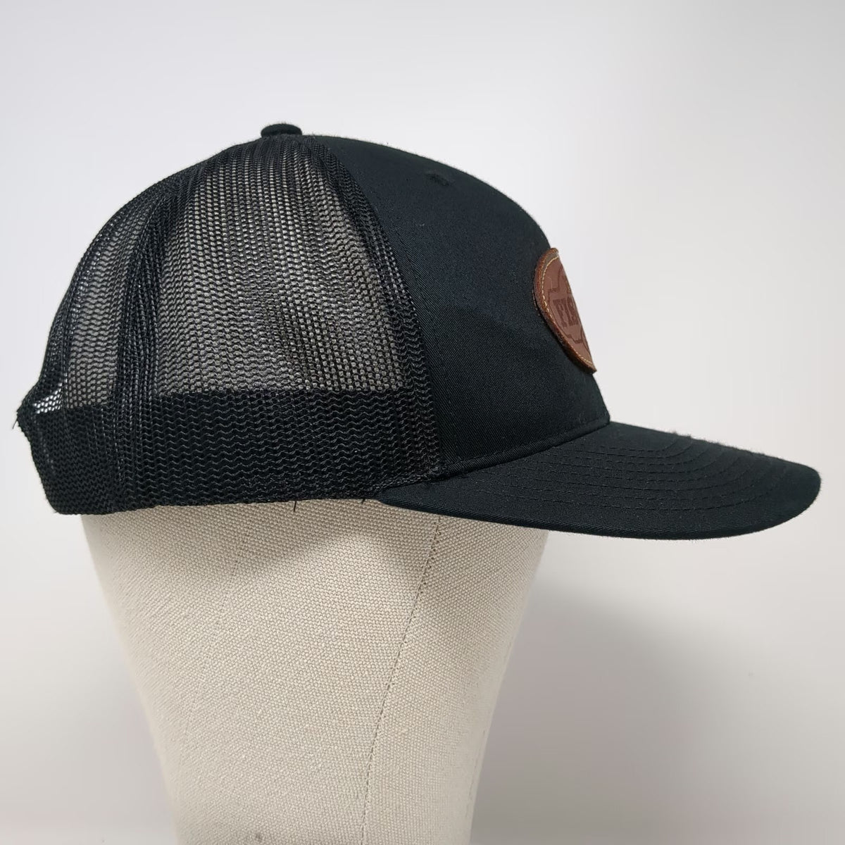 Richardson Trucker Hat Black One Size Leather Patch B.A. Fischer Snapback