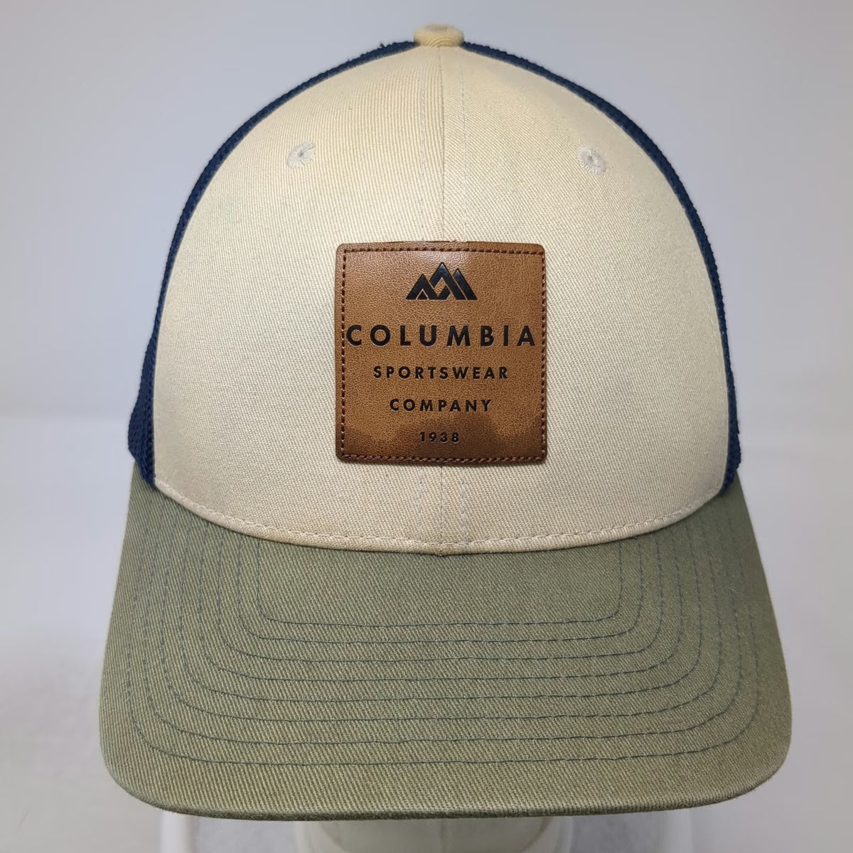 Columbia Baseball Cap Beige Blue Green One Size Mesh Back Leather Patch Hat