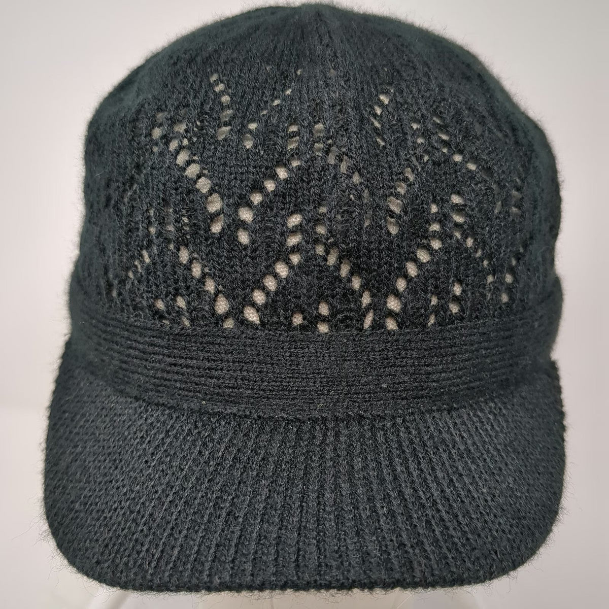 Black Army Cap One Size Knit Pointelle Chevron Pattern Ribbed Brim Soft Warm Hat
