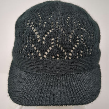 Black Army Cap One Size Knit Pointelle Chevron Pattern Ribbed Brim Soft Warm Hat