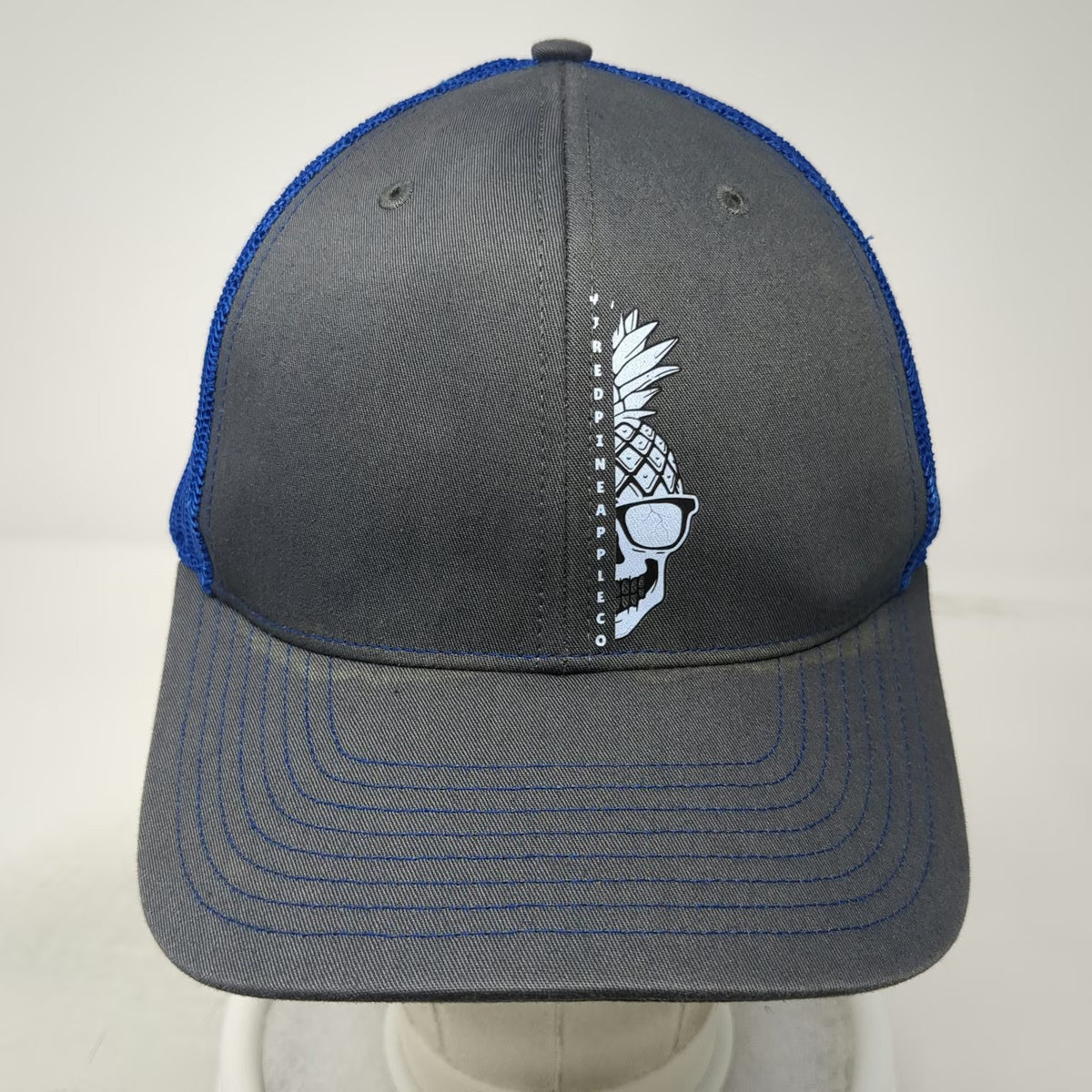 Richardson Gray Blue Trucker Hat One Size Mesh Snapback Pineapple Skull Graphic