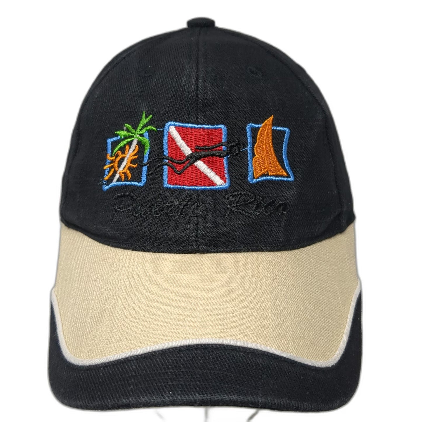 Black Baseball Cap One Size Puerto Rico Scuba Sailboat Beige Two Tone Beach Hat