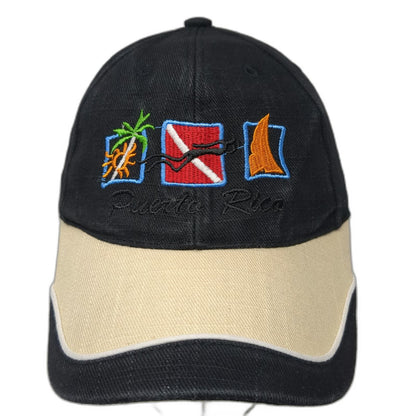 Black Baseball Cap One Size Puerto Rico Scuba Sailboat Beige Two Tone Beach Hat