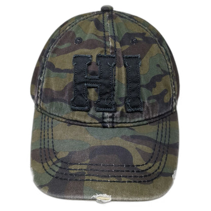 Fashion Code Hawaii Baseball Cap Green Camo HI Distressed Hat One Size Slide