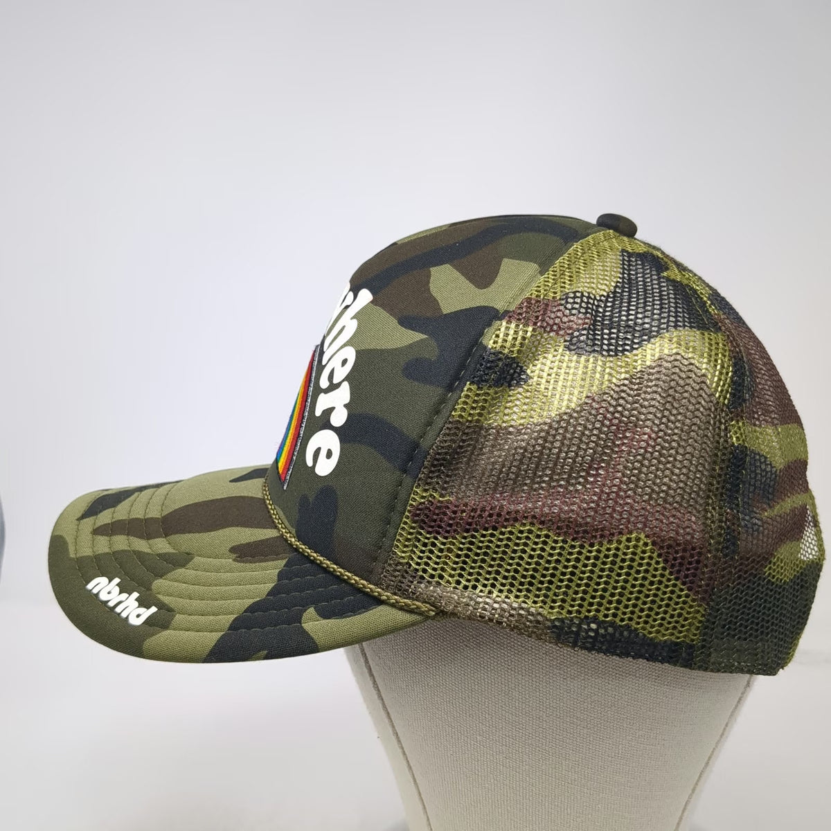 nbrhd Somewhere Rainbow Camo Trucker Hat Green One Size Snapback Mesh Foam Patch