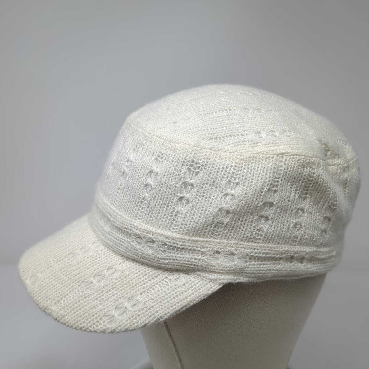 Army Cap White One Size Knit Pointelle Lace Pattern Polyester Elastic Back Hat