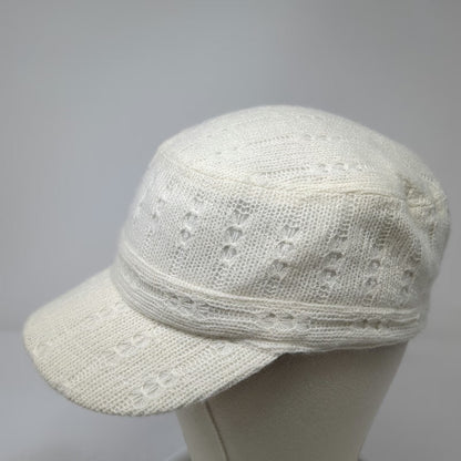 Army Cap White One Size Knit Pointelle Lace Pattern Polyester Elastic Back Hat