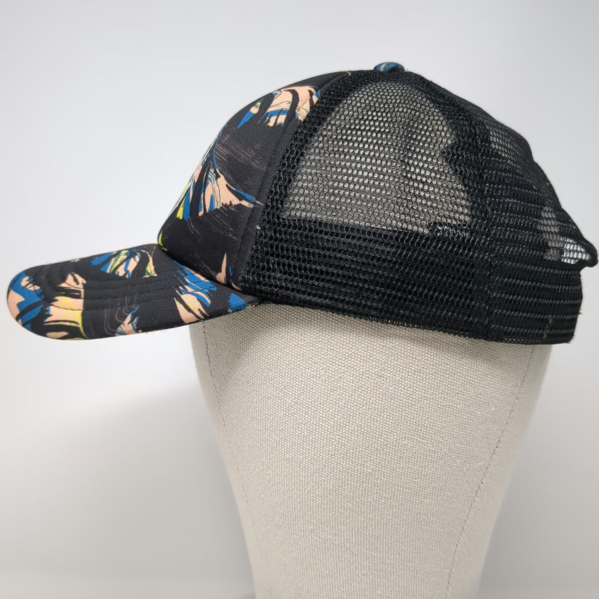 Volcom Trucker Hat Black Blue One Size Tropical Palm Leaf Print Mesh Snapback