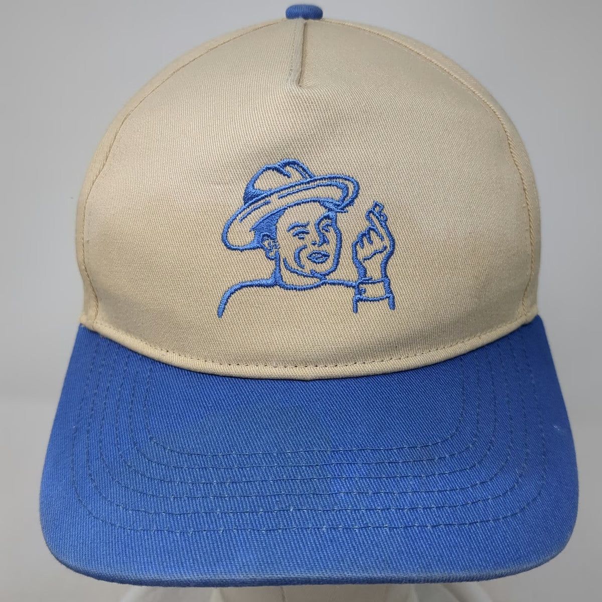 A Better Time 5 Panel Beige Blue One Size Snapback Hat Nicotine Warning Patch