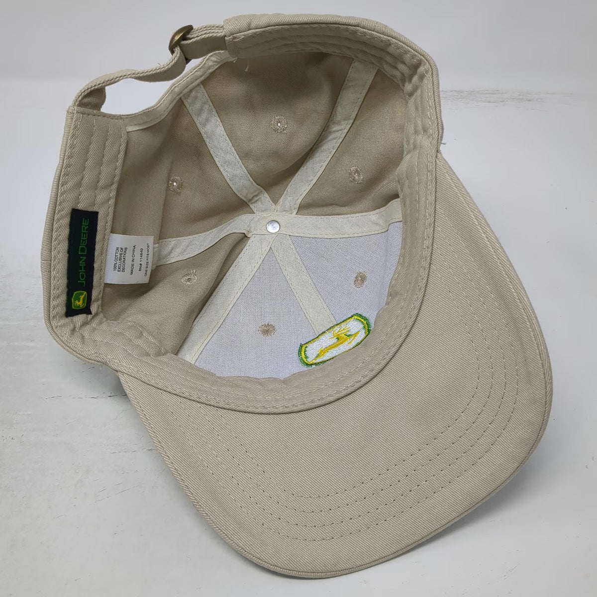 John Deere Baseball Cap Beige OSFM Stotz Equipment Side Logo Cotton Hat Slide