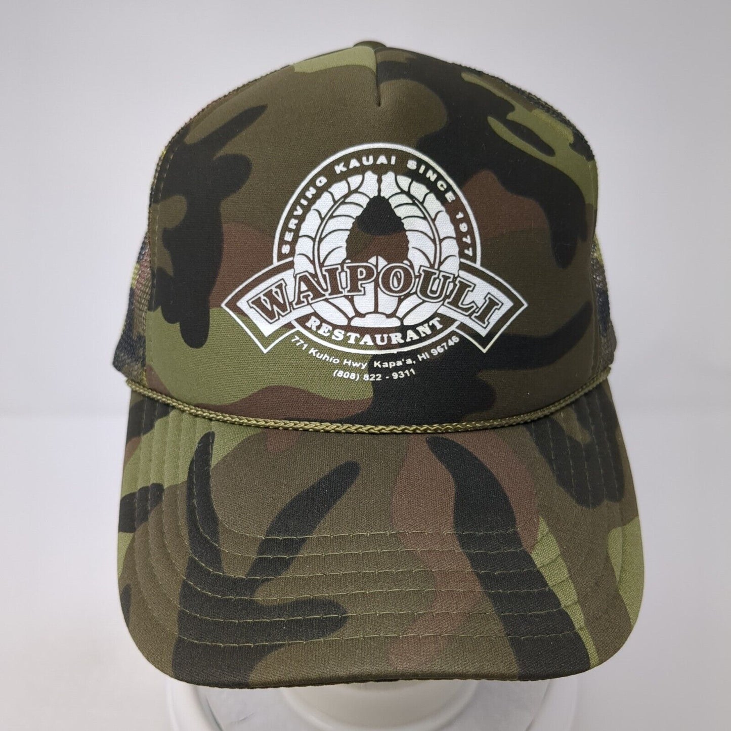 Waipouli Restaurant Snapback Rope Trucker Hat Camo One Size Mesh Back