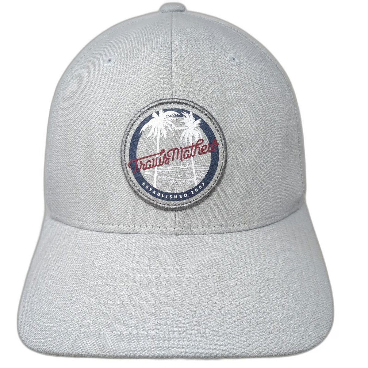 TravisMathew Baseball Cap Gray M Palm Tree Patch Flexfit Curved Brim Golf Hat
