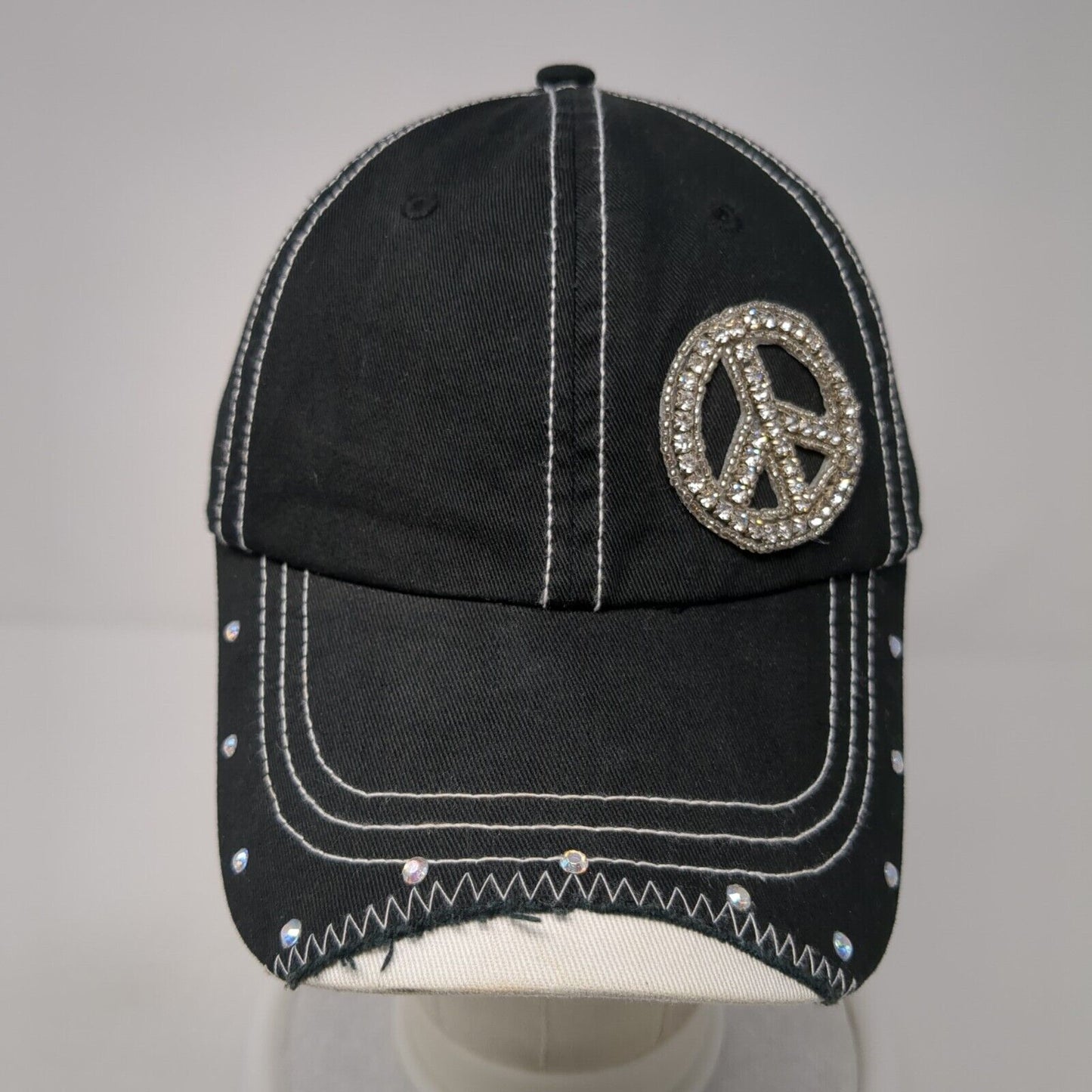 Marigold Caps Slideback Hat Black One Size Adjustable Rhinestone Distressed