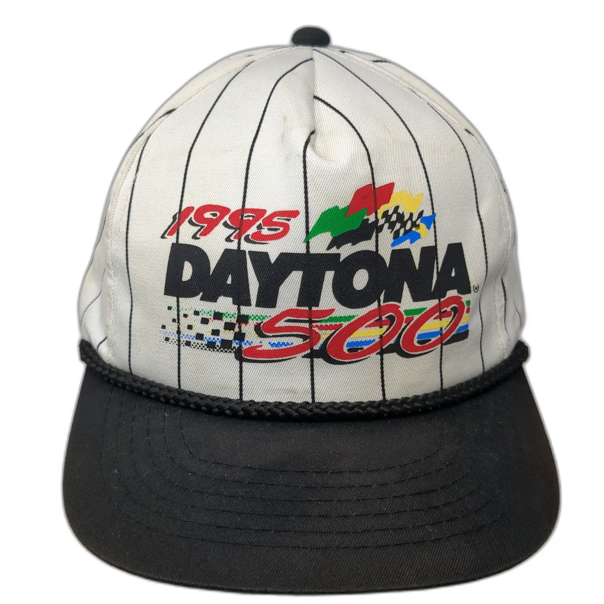 Young An 5 Panel White Hat 1995 Daytona 500 Pinstripe Rope Green Vintage